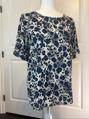 MTS Blue and Black Leopard-Print Short Sleeve Blouse